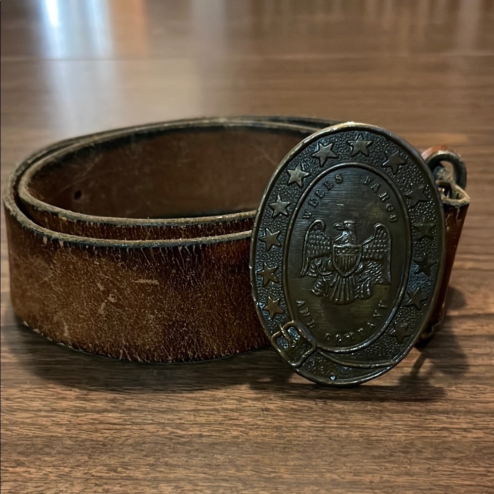 VINTAGE Wells Fargo Brass Buckle Brown Leather Belt Size 30